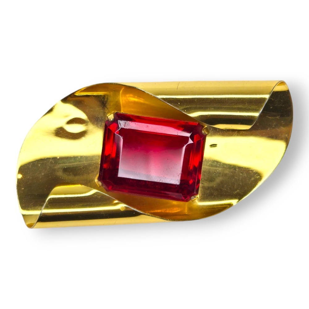 Vintage Coro Sterling Silver Gold Vermeil Large Red Faceted Glass Brooch Pin